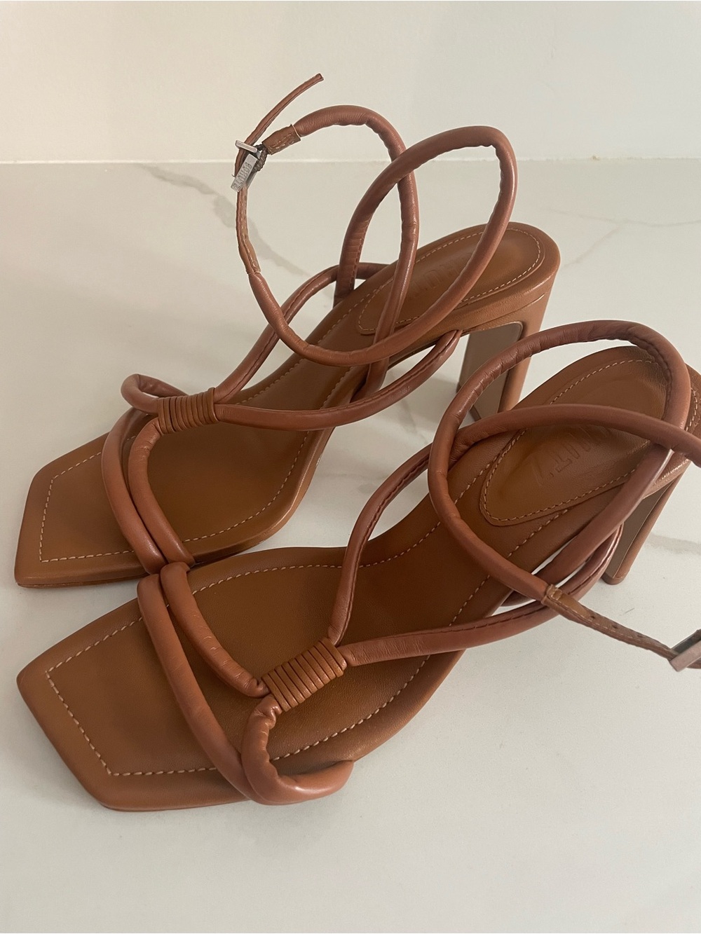 SCHUTZ Cognac Strappy Square-Toe High Heel Sandals